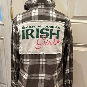 Upcycled Flannel George Plaid Shirt “Everyone loves an Irish Girl Graphic